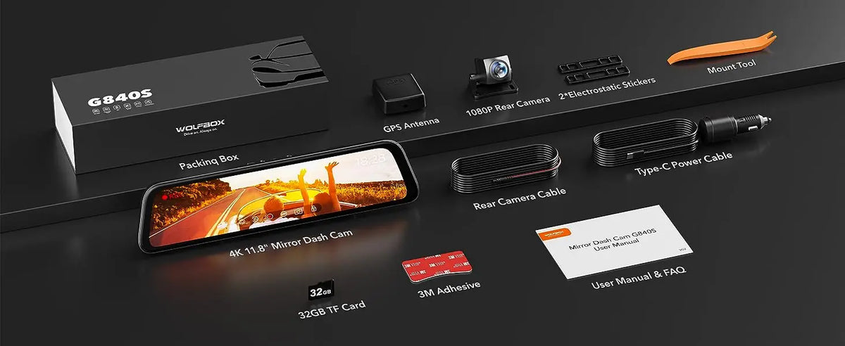 Dashcam Rétroviseur 4K + Cam Arrière 1080p + Mode Parking 24h/24