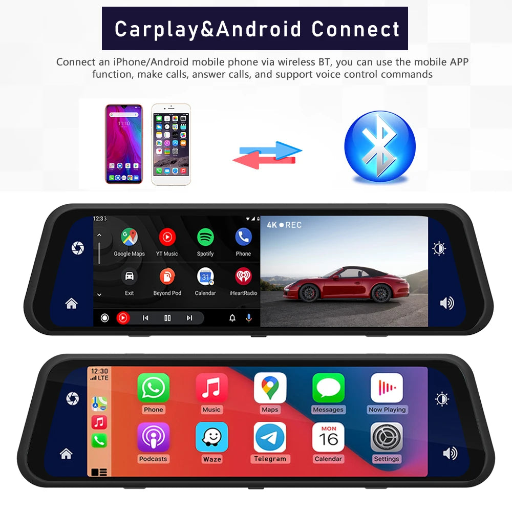 Dashcam Rétroviseur 4K 360° + GPS + Carplay/Android Auto