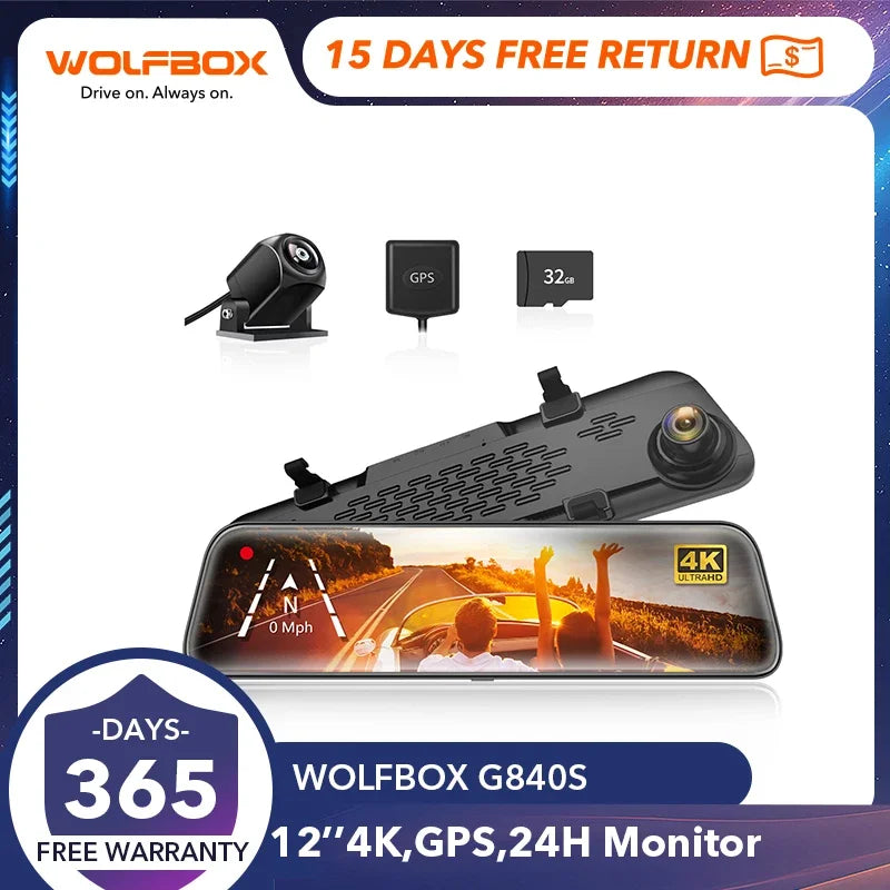 WOLFBOX G840S 4K caméra rétroviseur double avec GPS