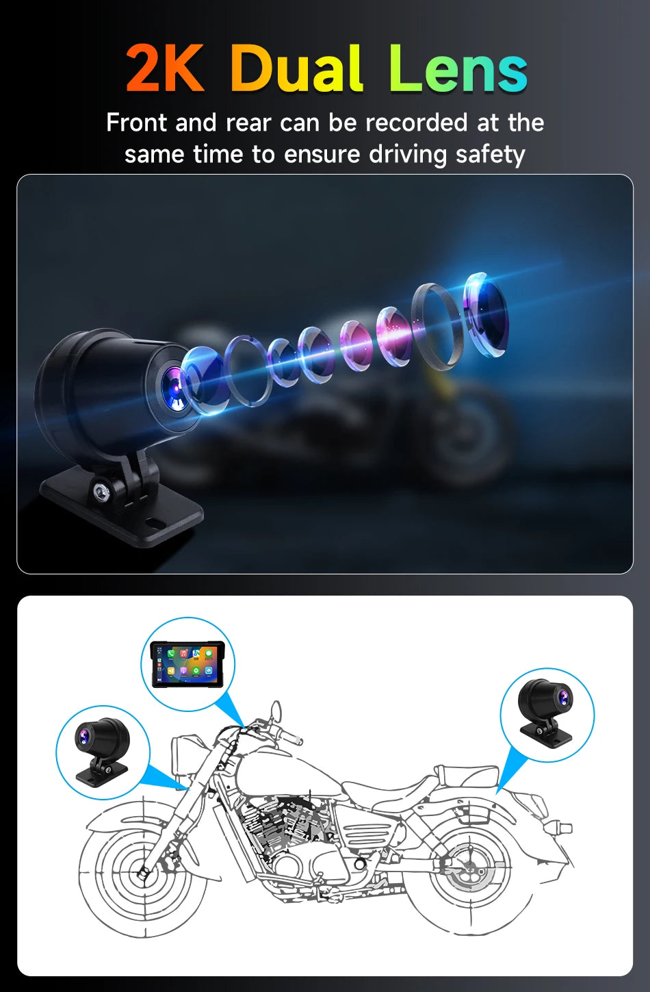 Dashcam Moto 2K Écran 7" CarPlay IP67 Vision Nocturne | Drive Live