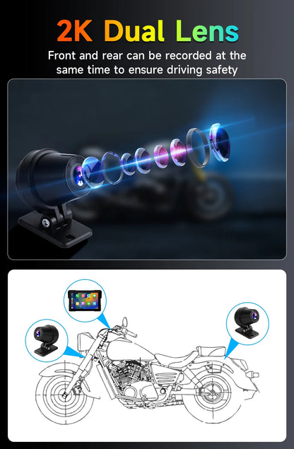 Dashcam Moto 2K Écran 7" CarPlay IP67 Vision Nocturne | Drive Live